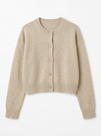 Oatmeal cropped knit cardigan, front view on white background