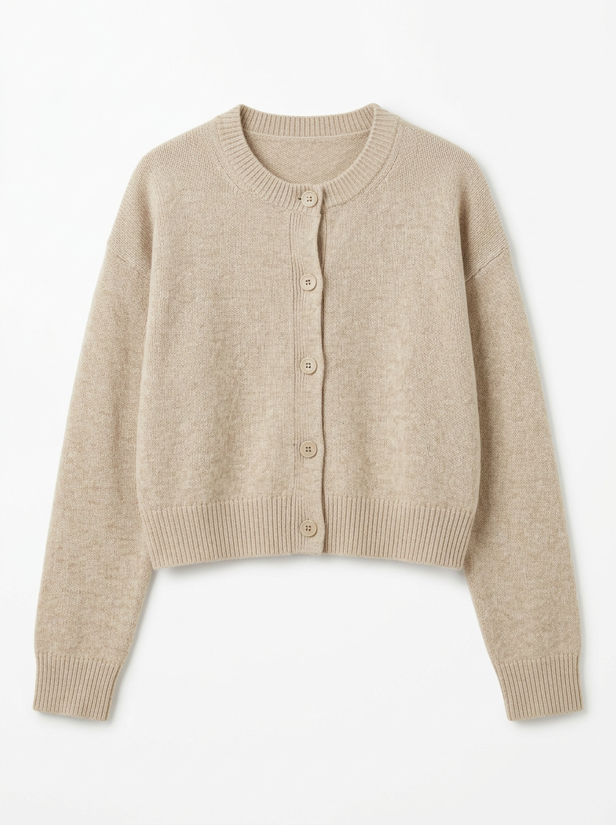 Oatmeal cropped knit cardigan, front view on white background