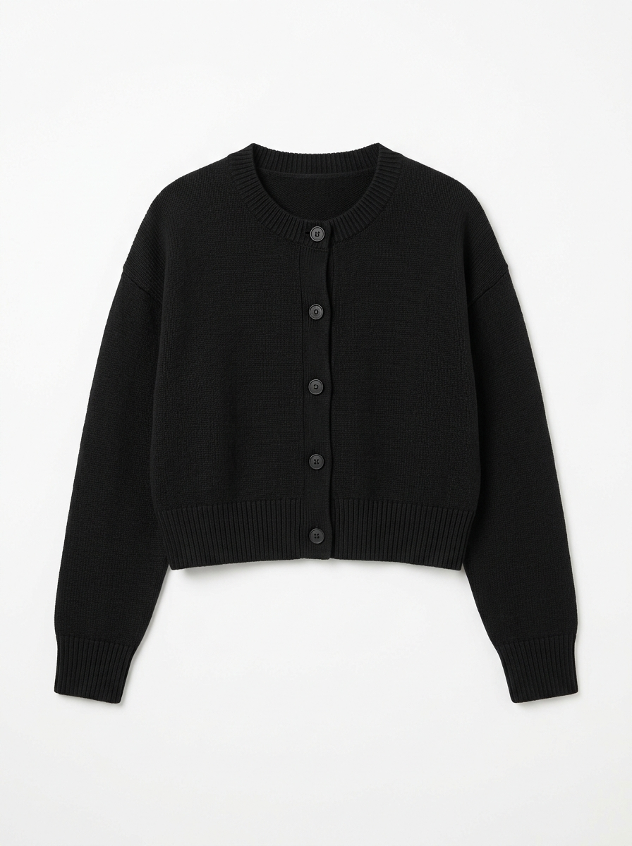 Black cropped knit cardigan, front view on white background