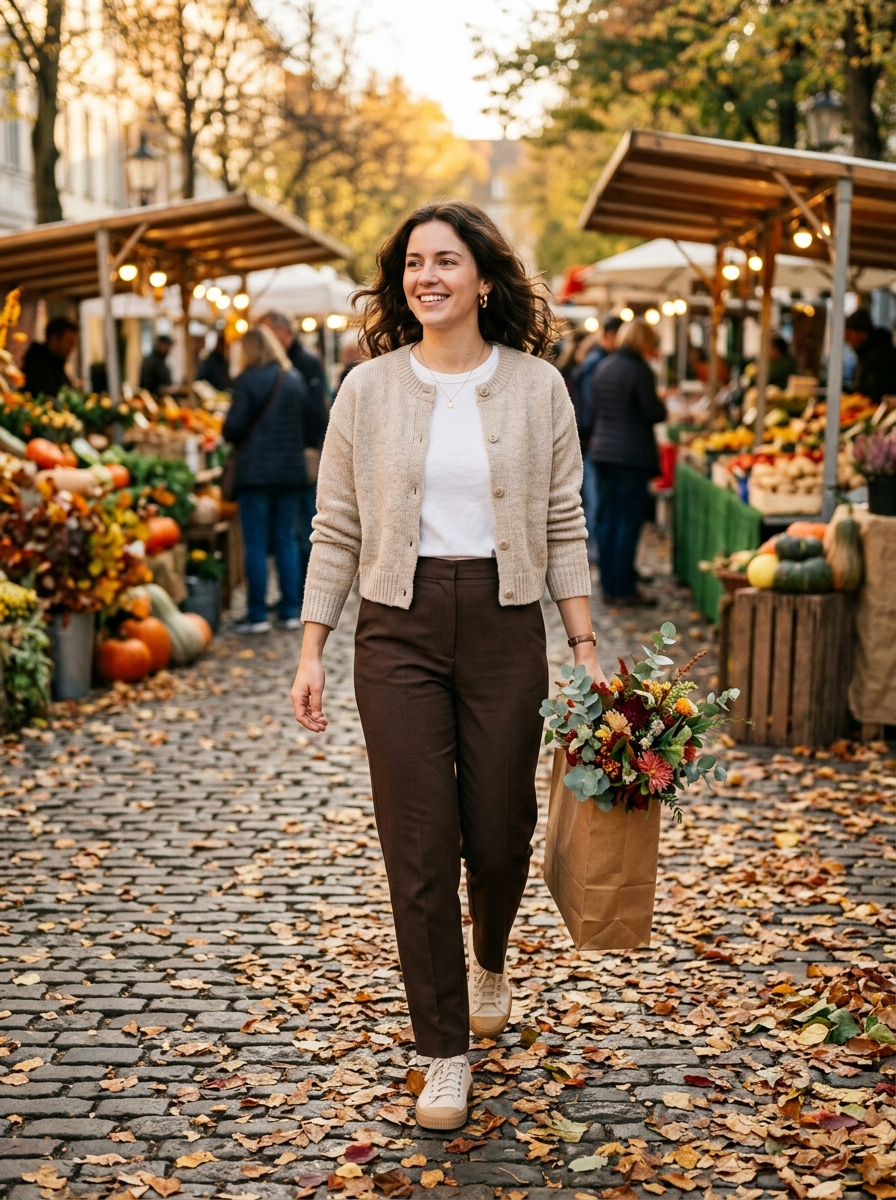 Woman wearing oatmeal cropped cardigan at an autumn market