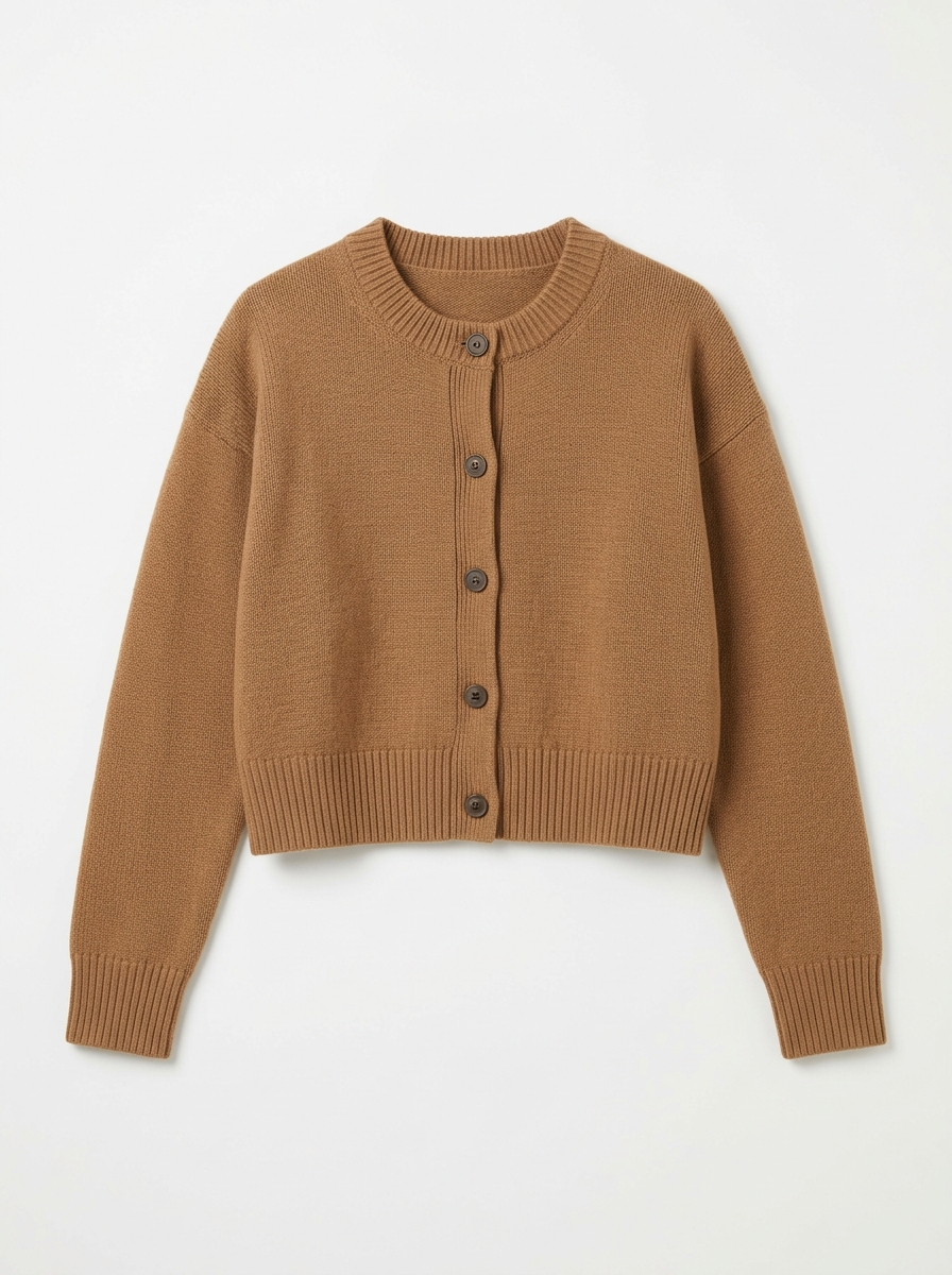 Camel cropped knit cardigan, front view on white background