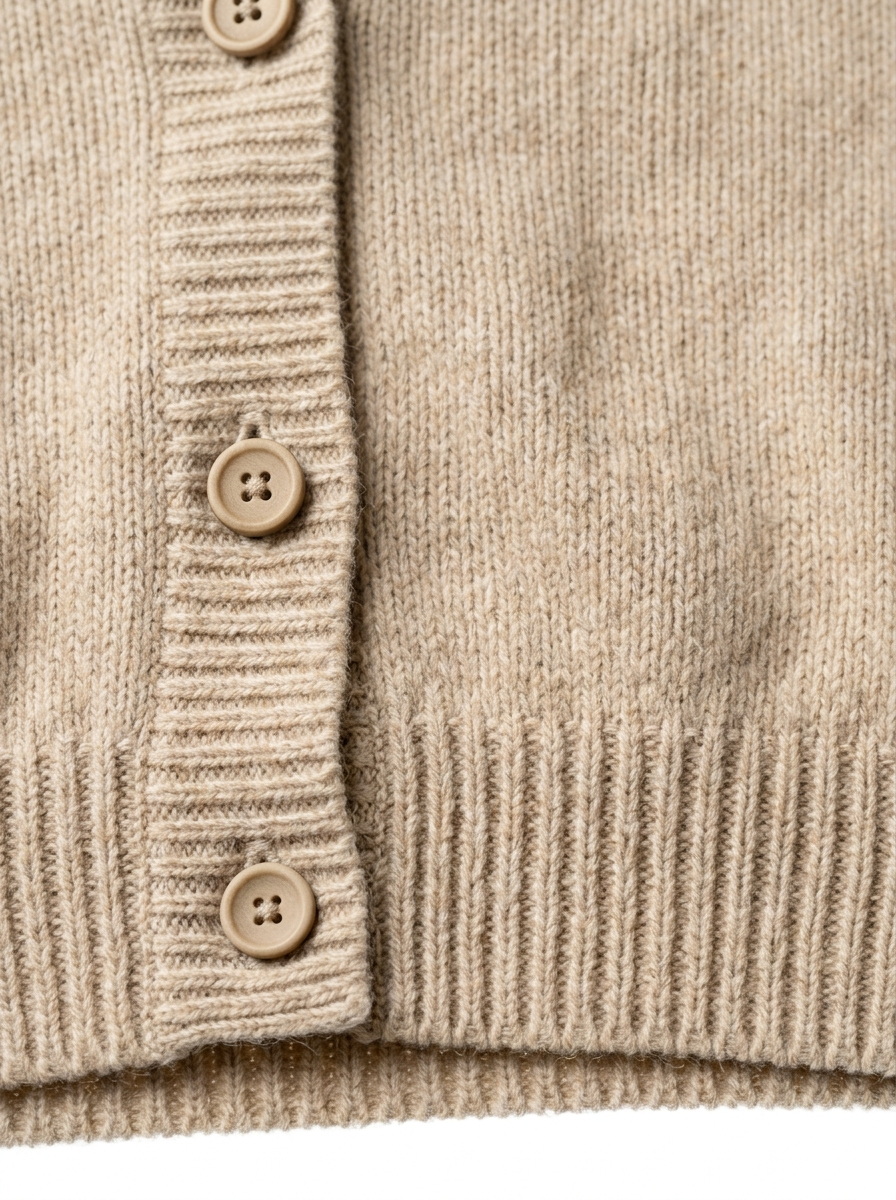 Button placket and ribbed hem close up detail