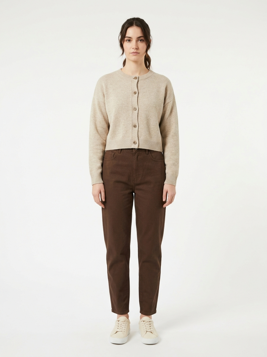 Oatmeal cropped cardigan worn by model, front view on white