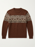 Chestnut vintage jacquard sweater with diamond band, front view on white background