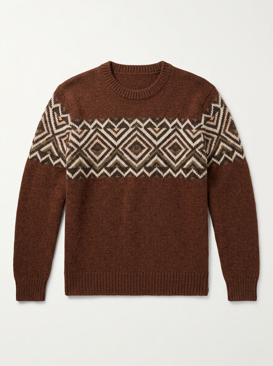 Chestnut vintage jacquard sweater with diamond band, front view on white background