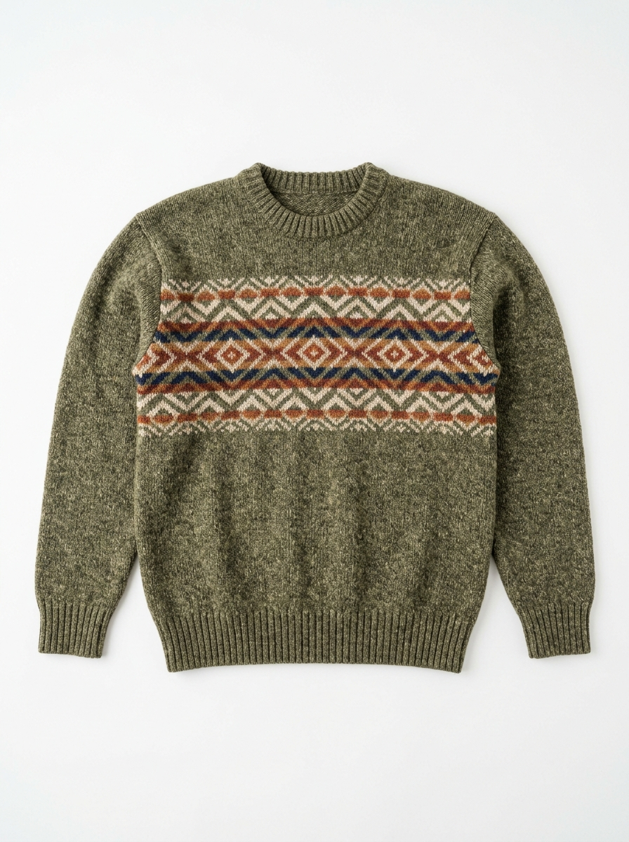 Olive vintage jacquard sweater with diamond band, front view on white background