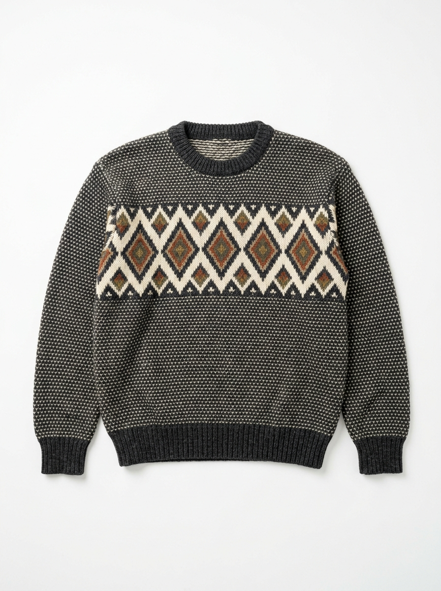 Charcoal vintage jacquard sweater with diamond band, front view on white background