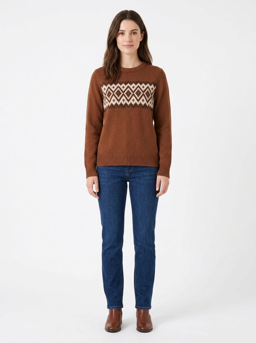 Chestnut jacquard sweater worn by model, front view on white