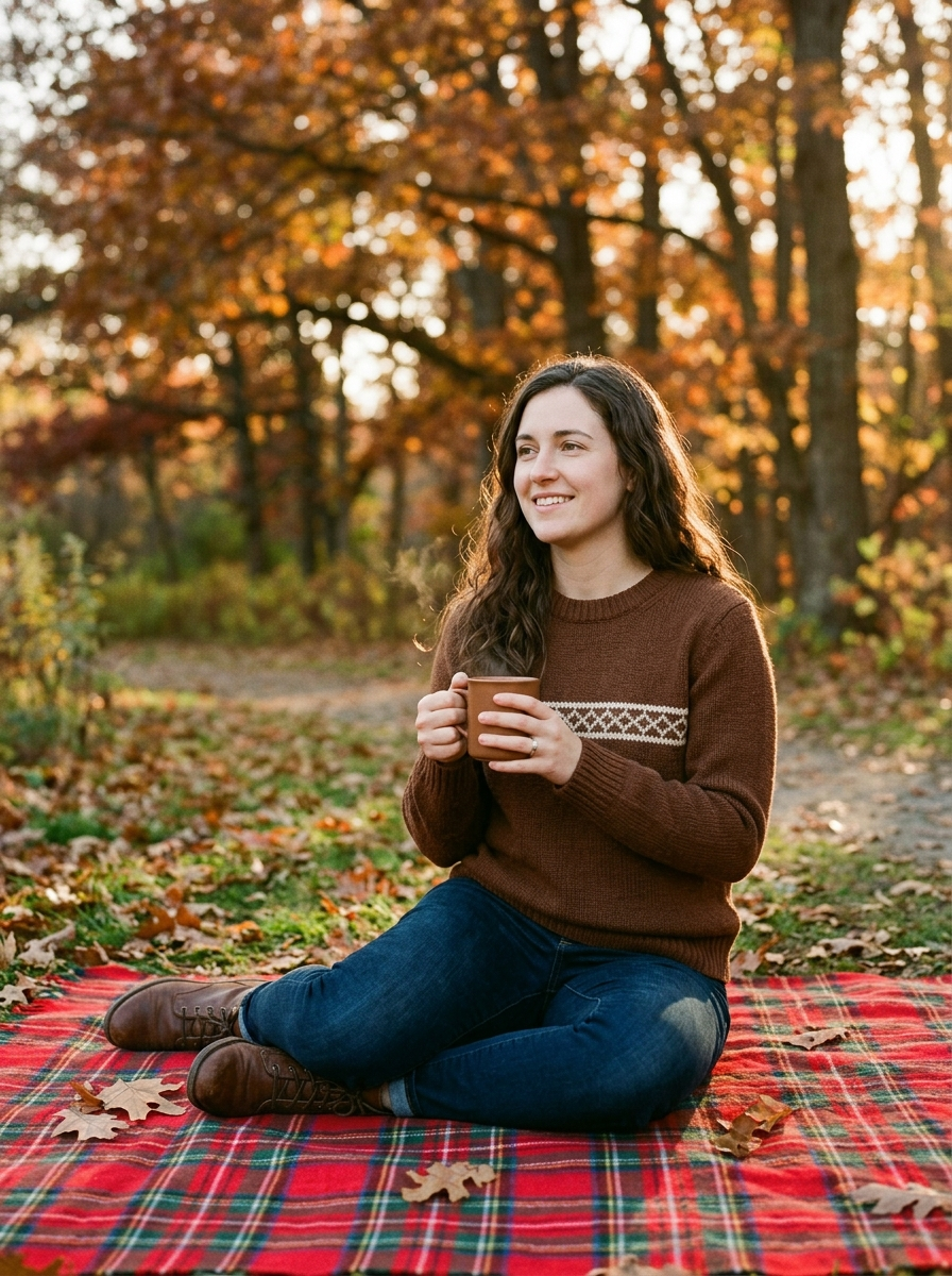 Woman wearing chestnut jacquard sweater at an autumn picnic