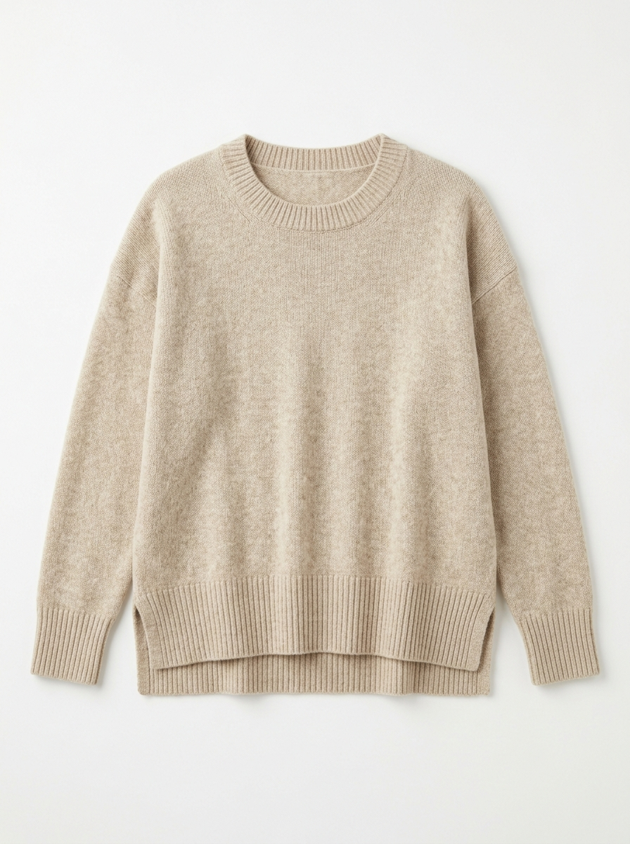 Oatmeal relaxed knit pullover, front view on white background
