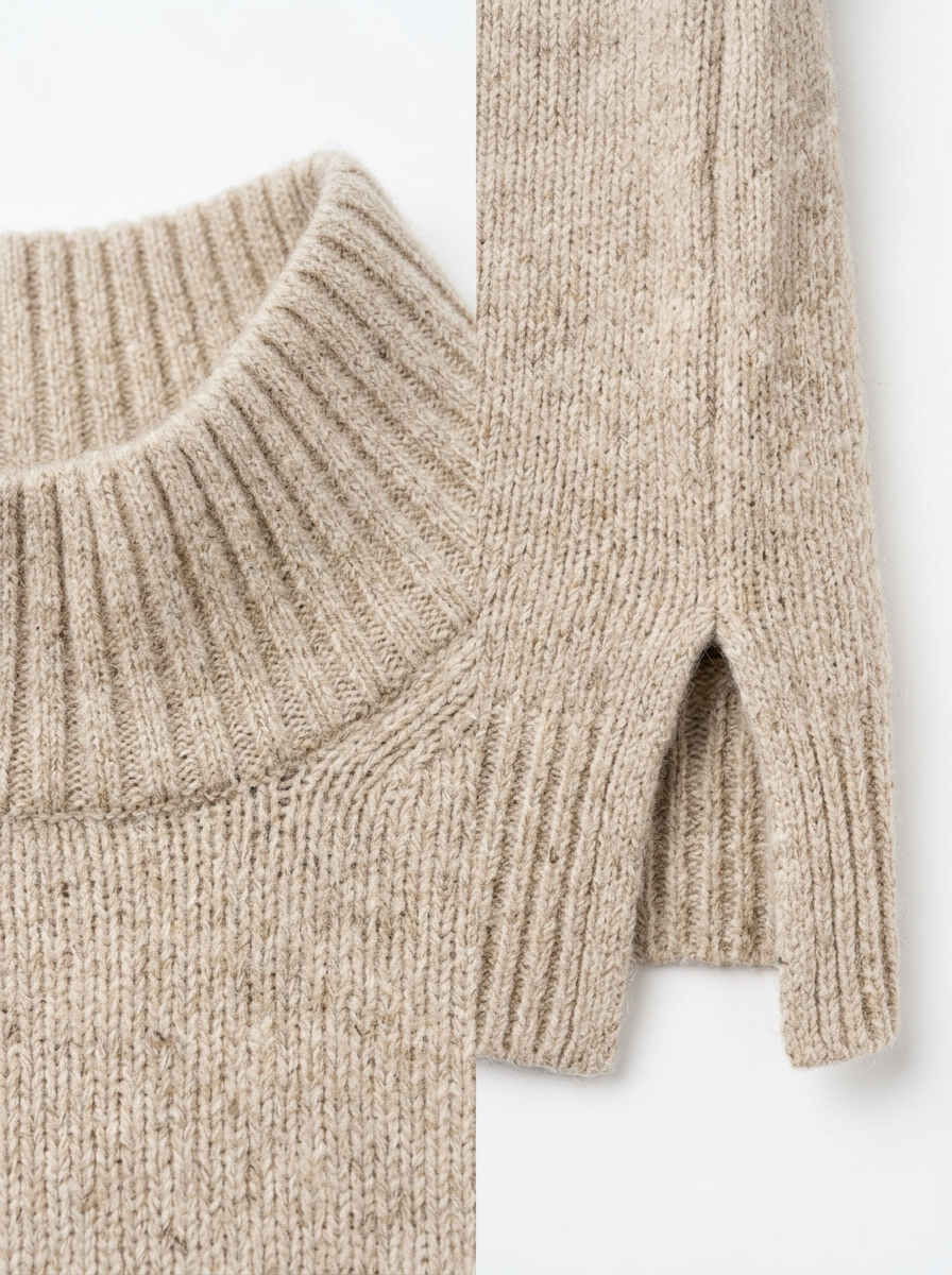 Ribbed collar and side slit hem close up detail