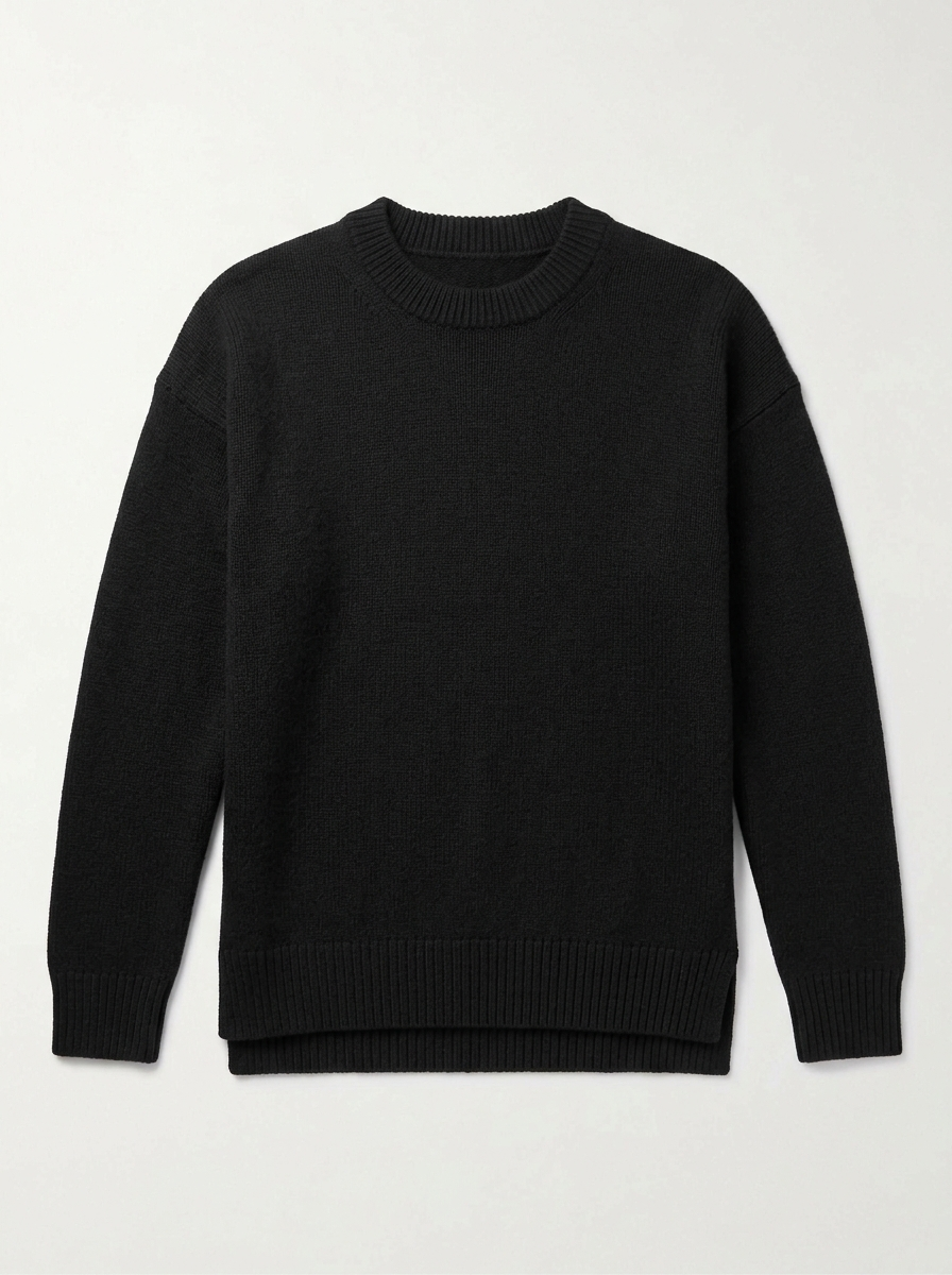 Black relaxed knit pullover, front view on white background