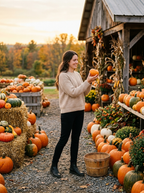 Woman wearing oatmeal knit pullover at an autumn farm stand