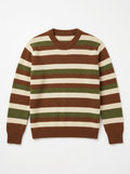 Chestnut olive and cream striped retro sweater, front view on white background