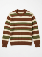 Chestnut olive and cream striped retro sweater, front view on white background