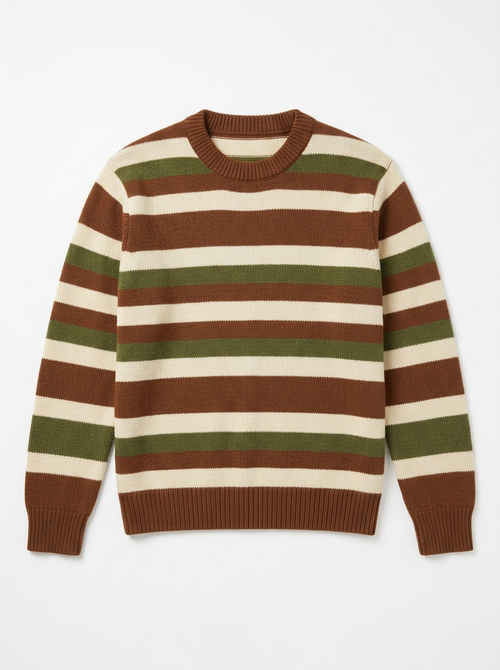 Chestnut olive and cream striped retro sweater, front view on white background
