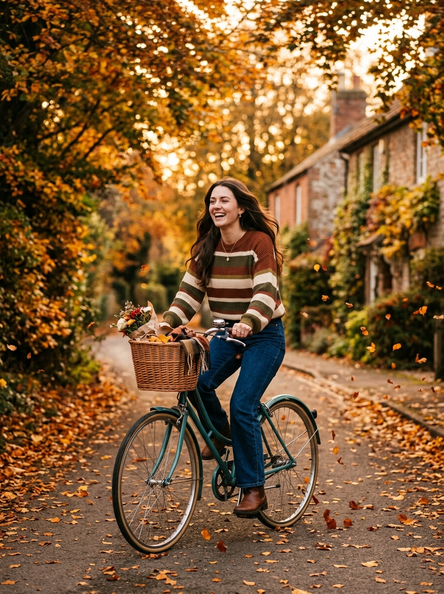 Woman wearing striped retro sweater cycling in autumn