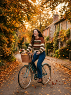 Woman wearing striped retro sweater cycling in autumn
