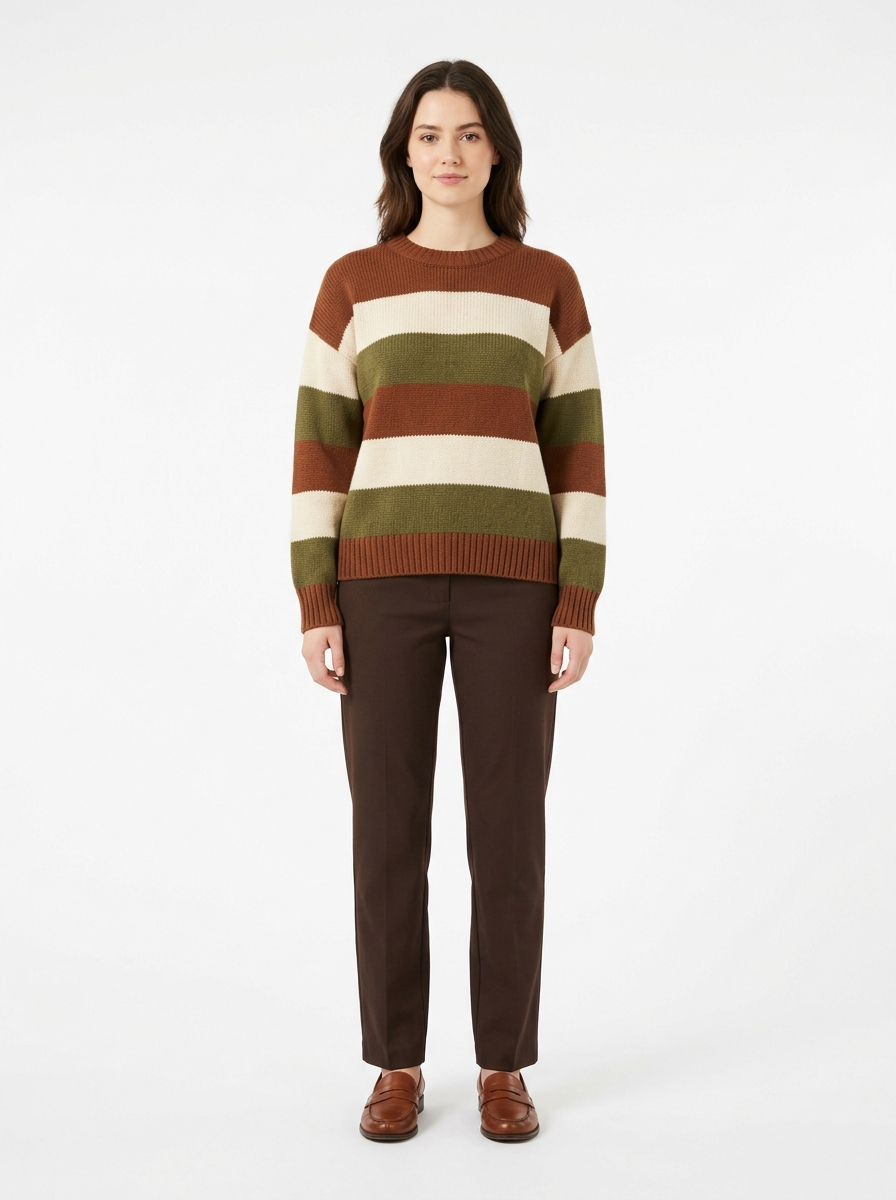 Chestnut striped retro sweater worn by model, front view on white