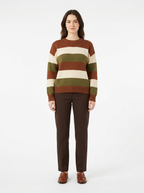 Chestnut striped retro sweater worn by model, front view on white