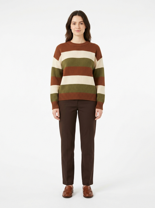 Chestnut striped retro sweater worn by model, front view on white