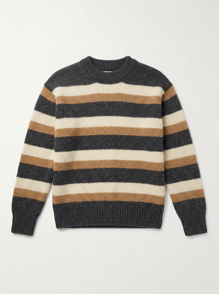 Charcoal camel and cream striped retro sweater, front view on white background