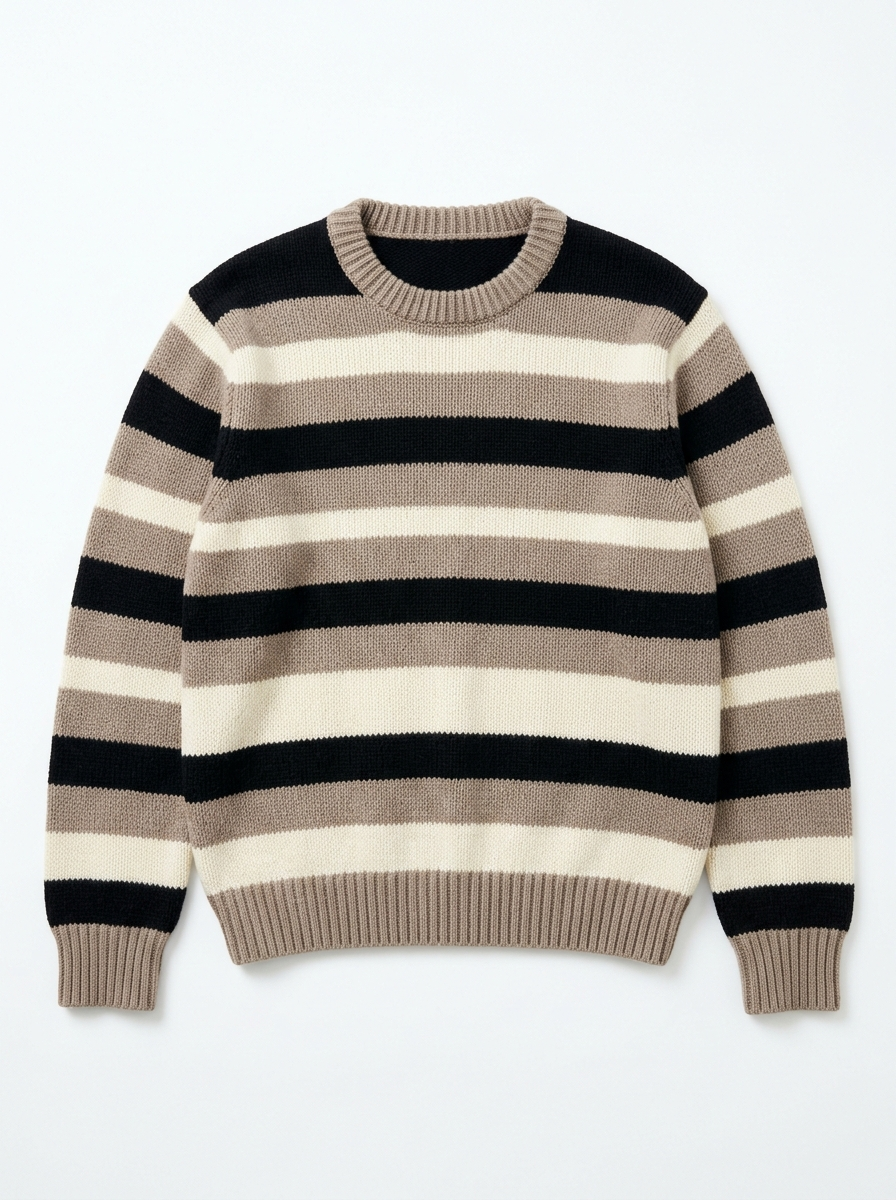 Black taupe and cream striped retro sweater, front view on white background