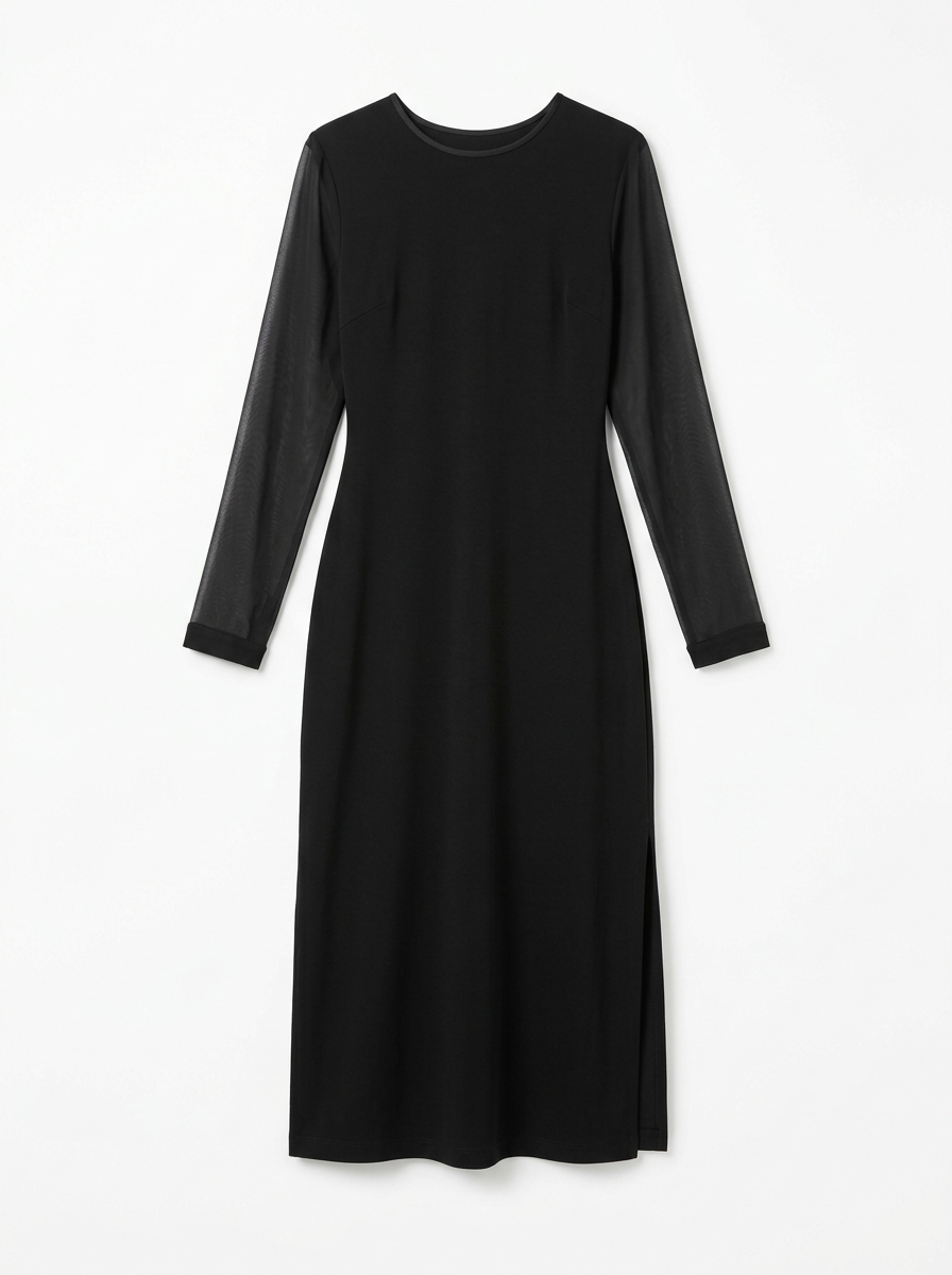 Black sheer sleeve midi dress, front view on white background