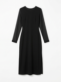 Black sheer sleeve midi dress, front view on white background