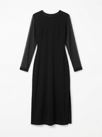 Black sheer sleeve midi dress, front view on white background