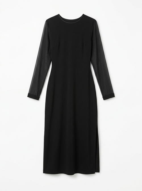 Black sheer sleeve midi dress, front view on white background