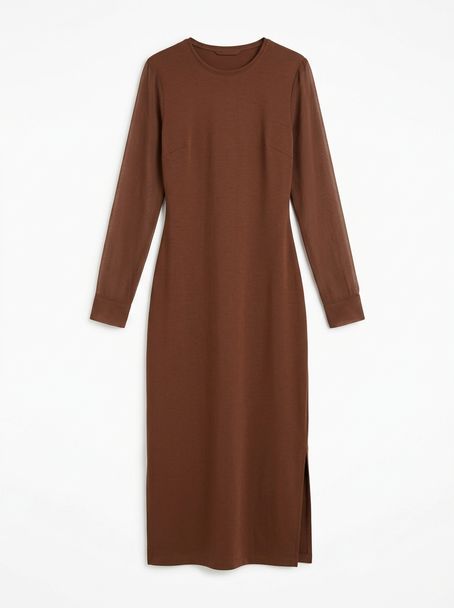 Chestnut sheer sleeve midi dress, front view on white background