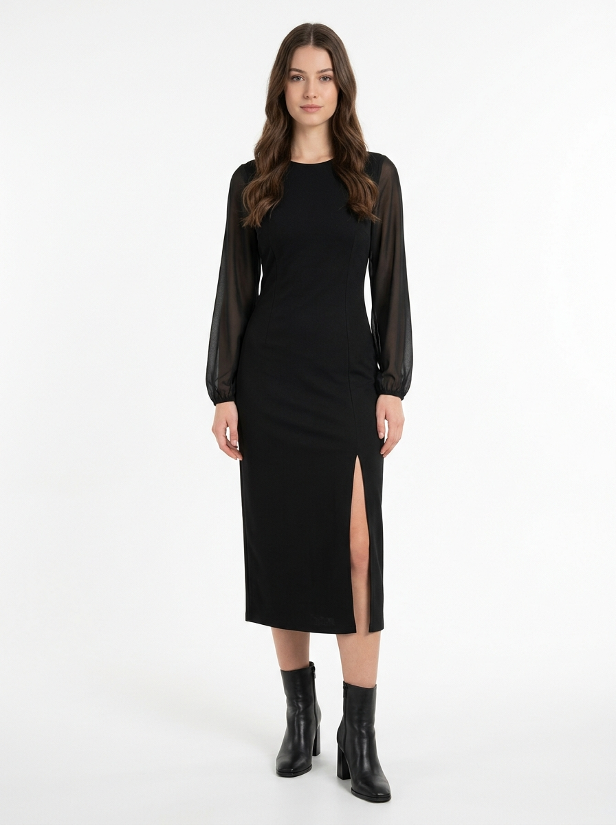Black sheer sleeve midi dress worn by model, front view on white