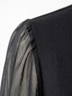 Sheer chiffon sleeve and opaque bodice seam close up detail