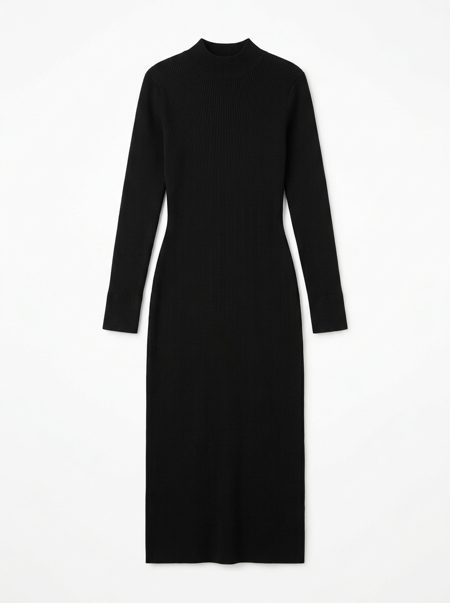 Black ribbed knit midi dress, front view on white background