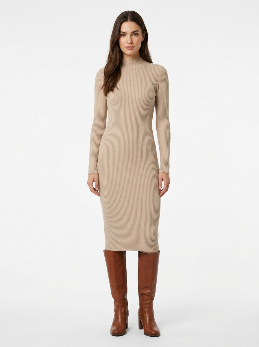 Beige ribbed midi dress worn by model, front view on white