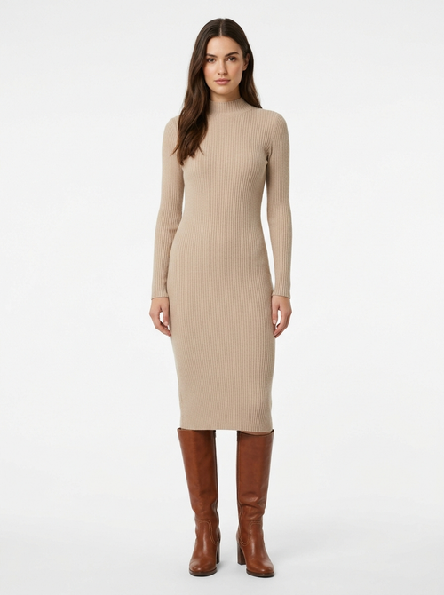 Beige ribbed midi dress worn by model, front view on white