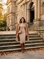 Woman wearing beige knit midi dress with camel coat in autumn