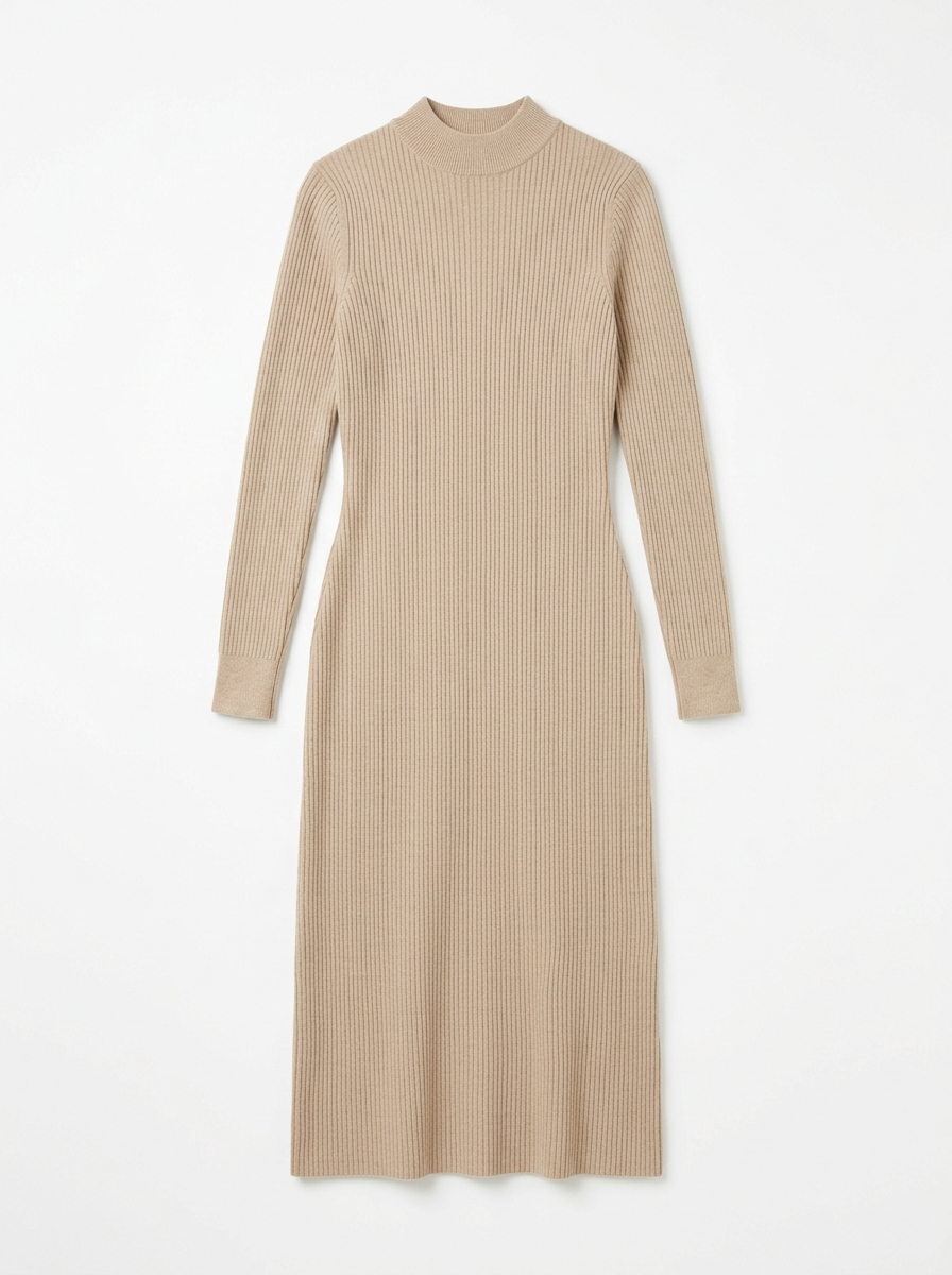 Beige ribbed knit midi dress, front view on white background