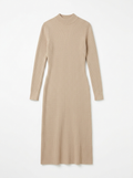 Beige ribbed knit midi dress, front view on white background