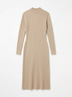 Beige ribbed knit midi dress, front view on white background