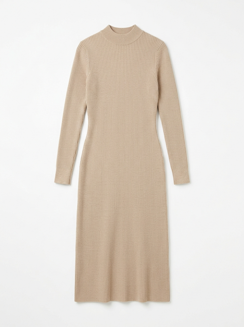 Beige ribbed knit midi dress, front view on white background