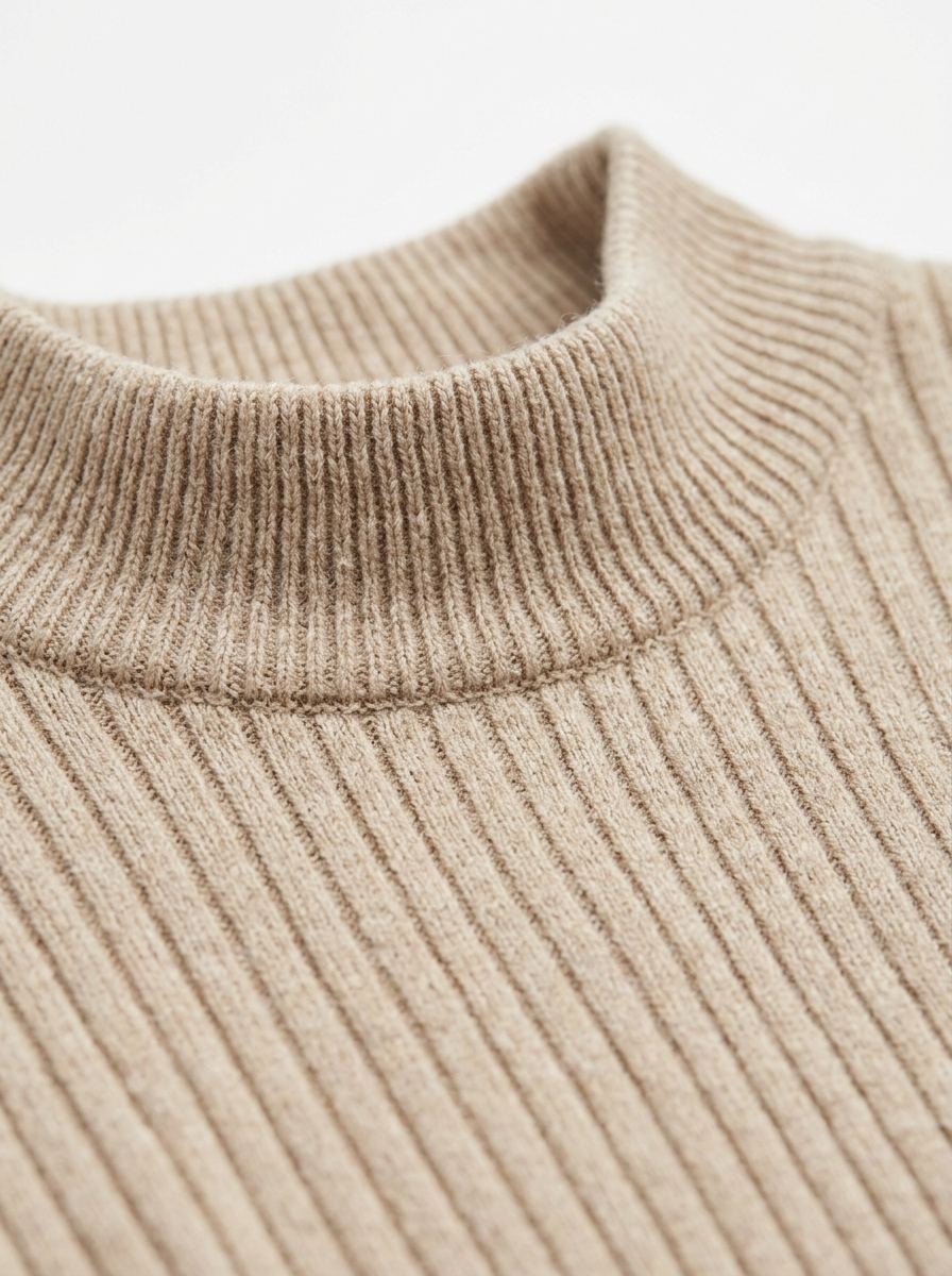 Mock neck collar and rib texture close up detail