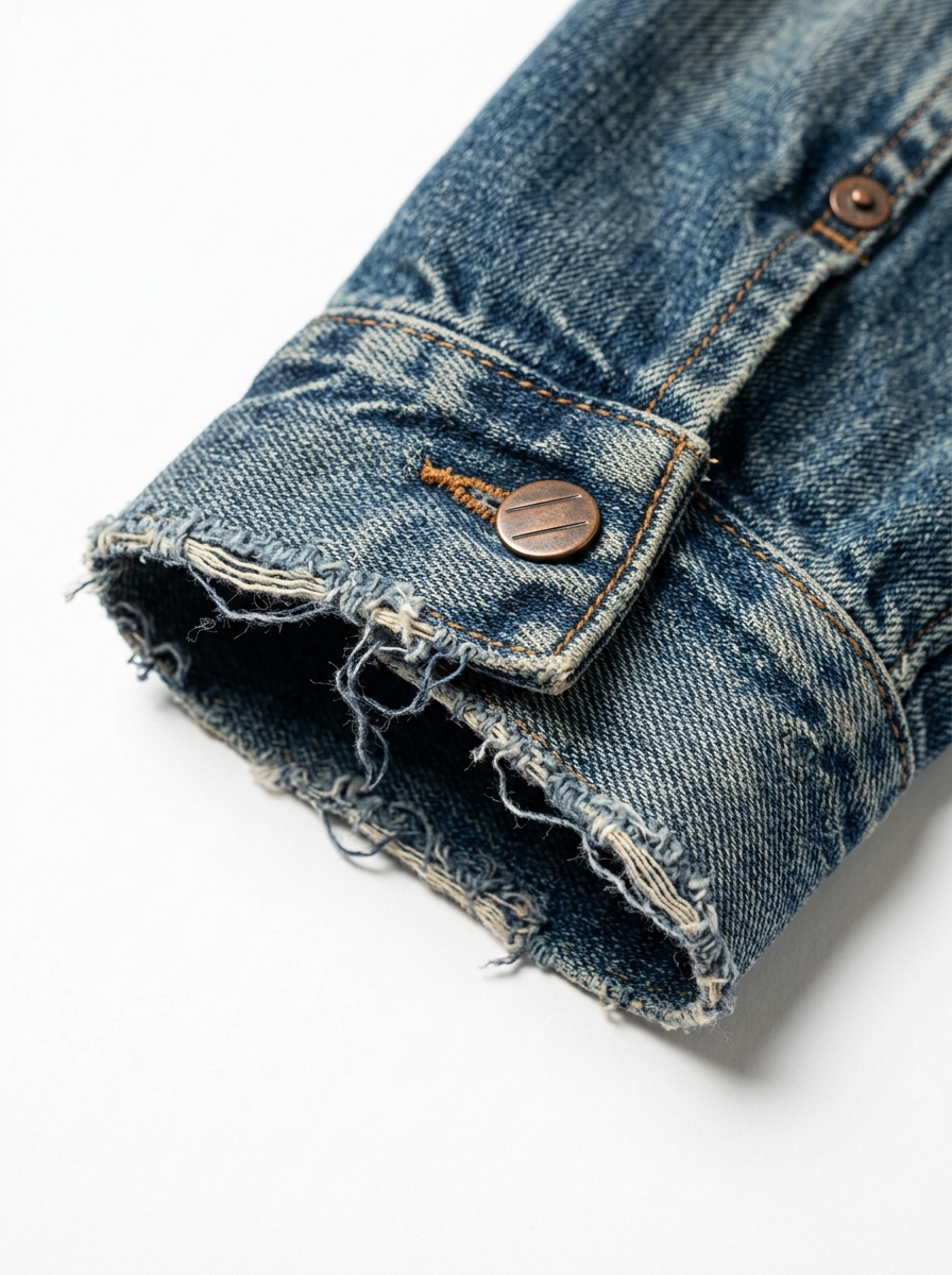 Frayed cuff edge and faded twill close up detail