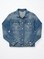 Mid wash distressed denim jacket, front view on white background