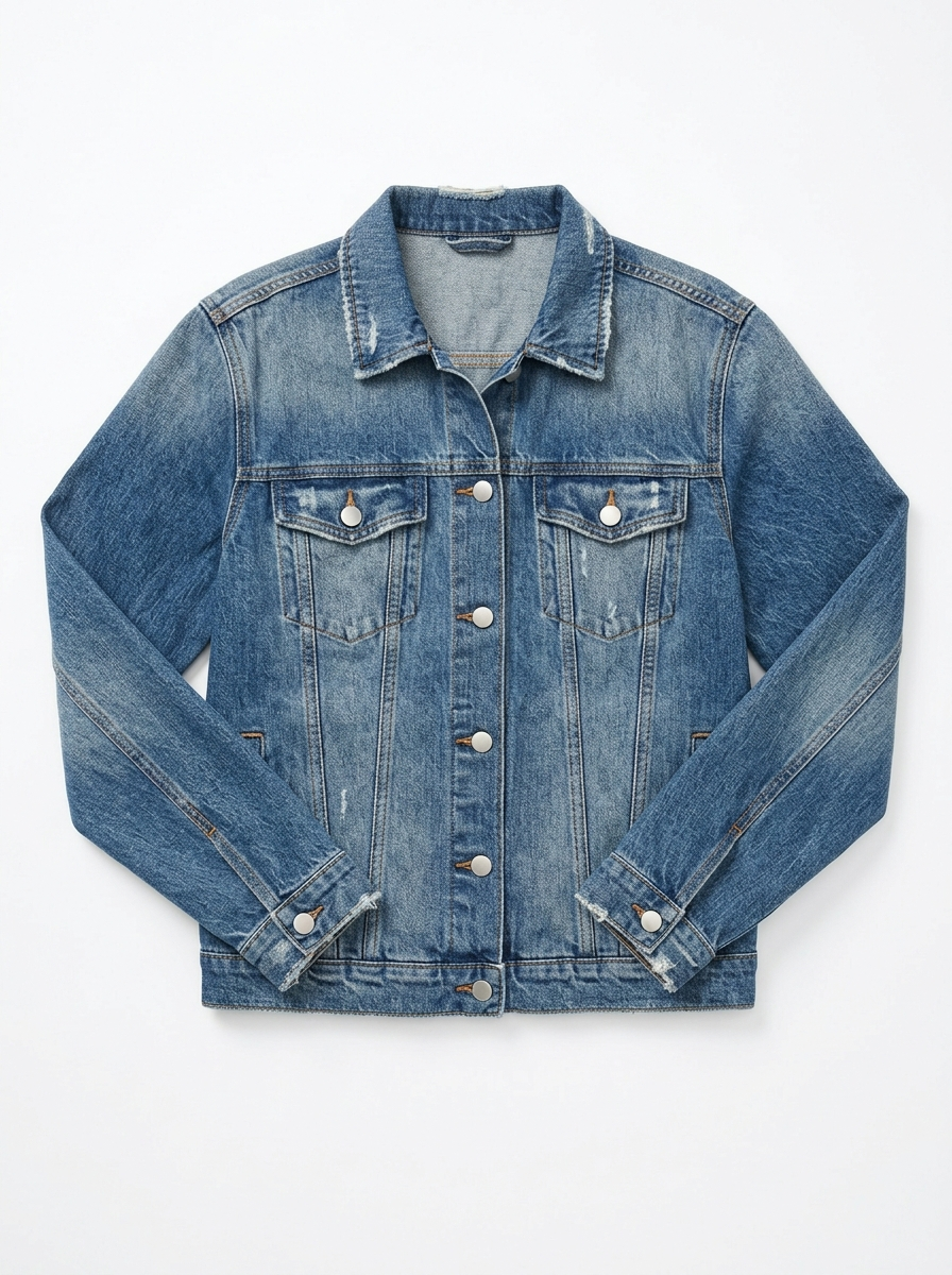 Mid wash distressed denim jacket, front view on white background