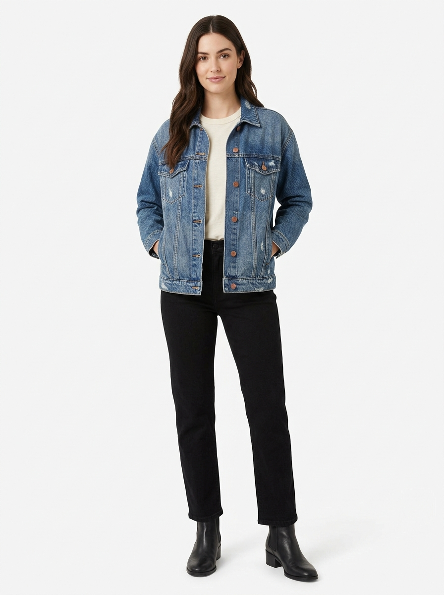 Mid wash distressed denim jacket worn by model, front view on white