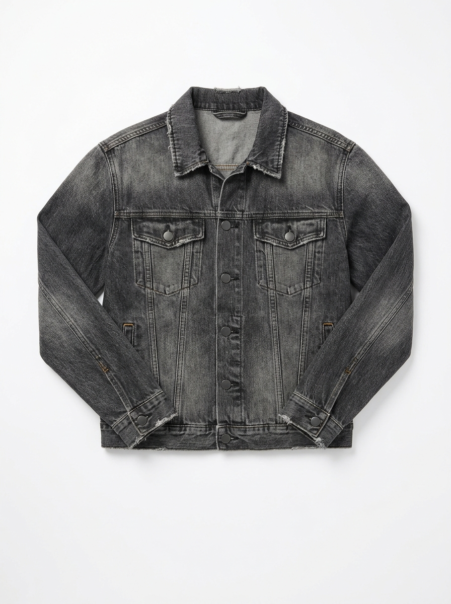 Washed black distressed denim jacket, front view on white background