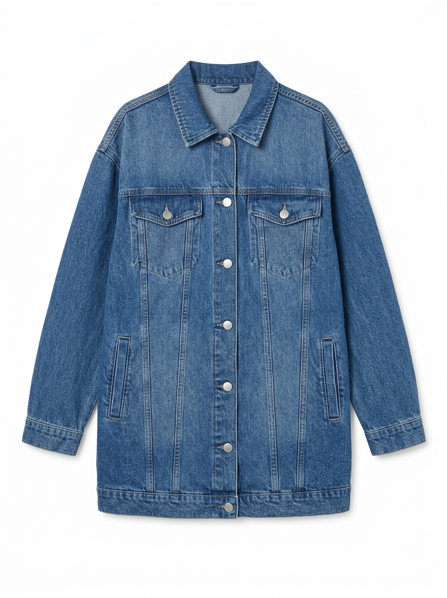 Mid wash oversized denim jacket, front view on white background