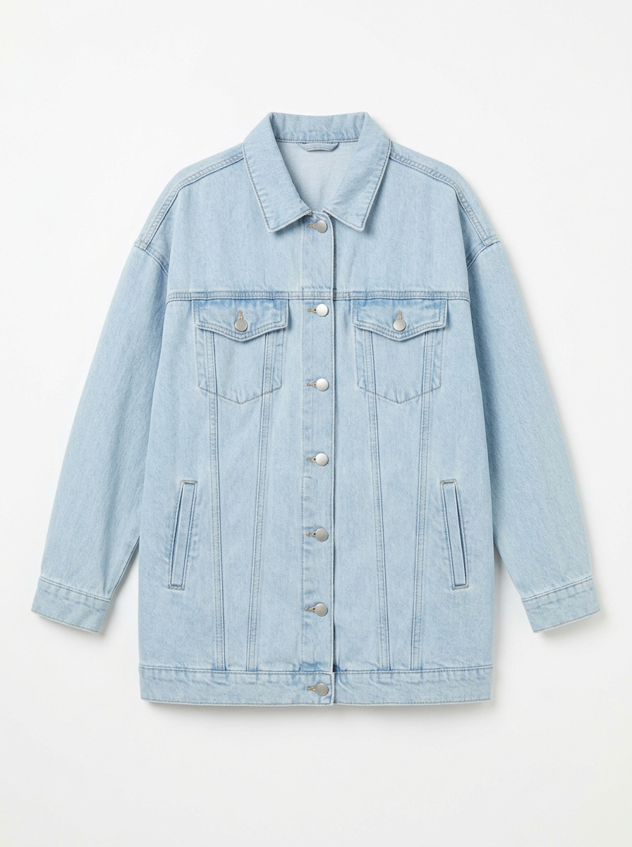 Light wash oversized denim jacket, front view on white background